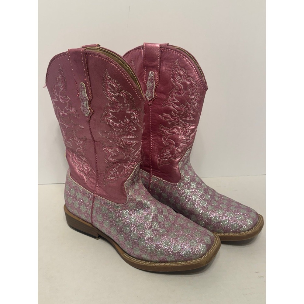 Roper Kids Checkered Square Toe Cowgirl Boots Mid Calf - Pink Western boots 2